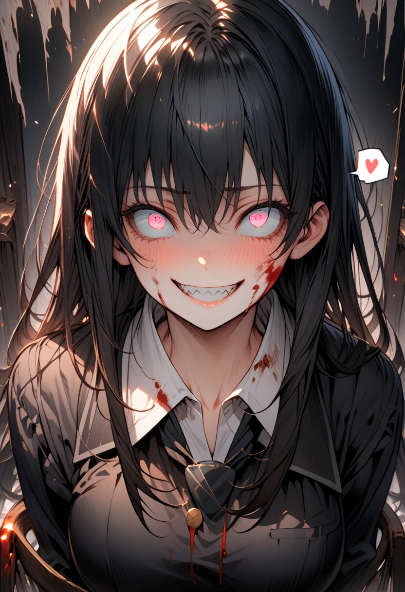 Masterpiece,best quality, (highly detailed CG illustration),very aesthetic,recent,detailed eyes,1 woman,matured female,(looking at viewer),glowing red pupil,black hair,straight long hair,(large breast:1.05),(black highschool uniform,white line,gold button),half-closed eye,BREAK,(blood on her face),red blush,(spiral eyes),(constricted pupils:1.3),(mad grin),(yandere smile),sharp teeth,handcuffs,walking to viewer,BREAK,tied on chair,half-closed eyes,(spoken heart:1.3),sitting on chair,dark room,(from front)