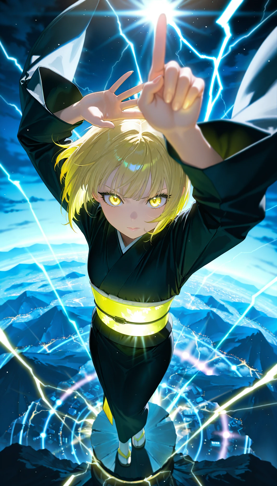 Masterpiece, Top Quality, Excellent Quality, Very Aesthetic , High Resolution, Ultra Detail, Absurd, Latest, Landscape, Colorful, Rim Light, Backlight, Best Detail, Cute Girl, (Cute: 1.2), Dynamic Angle from Above, Bright Yellow Hair, Short Wavy Bob, Eyes lightning bolt, long eyelashes, fair skin, dynamic pose, black kimono, perfect night, fantasy background, looking at viewer, serious expression, perfect hands, standing with index finger raised above head, (colorful light particles:1.2), lightning through fingers, intense lightning effect, hands, fingers, eyes, realistic details, detailed background Detail, Detailed, Detailed Background, Detailed Foreground, Extremely Detailed Eyes, Masterpiece, Top Quality, Excellent Quality, Very Aesthetic, High Resolution, Ultra Detail, Absurd, Latest, Landscape, Depth Of Field, Volume Lighting