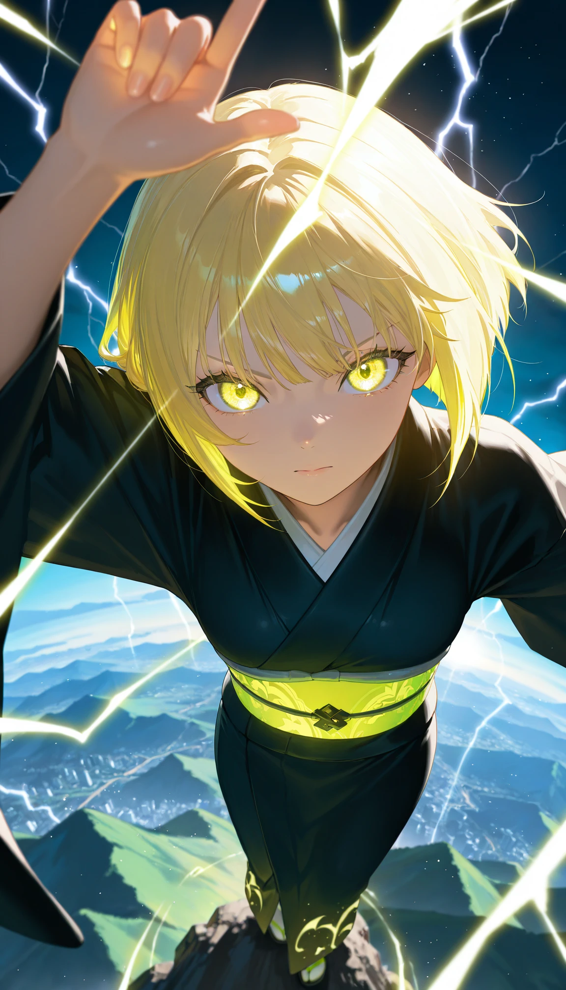 Masterpiece, Top Quality, Excellent Quality, Very Aesthetic , High Resolution, Ultra Detail, Absurd, Latest, Landscape, Colorful, Rim Light, Backlight, Best Detail, Cute Girl, (Cute: 1.2), Dynamic Angle from Above, Bright Yellow Hair, Short Wavy Bob, Eyes lightning bolt, long eyelashes, fair skin, dynamic pose, black kimono, perfect night, fantasy background, looking at viewer, serious expression, perfect hands, standing with index finger raised above head, (colorful light particles:1.2), lightning through fingers, intense lightning effect, hands, fingers, eyes, realistic details, detailed background Detail, Detailed, Detailed Background, Detailed Foreground, Extremely Detailed Eyes, Masterpiece, Top Quality, Excellent Quality, Very Aesthetic, High Resolution, Ultra Detail, Absurd, Latest, Landscape, Depth Of Field, Volume Lighting