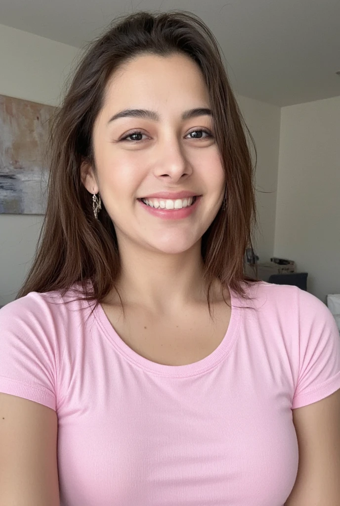 RAW photo of l4r1ss4r1qu3lm3 woman, wearing a pink tshirt, in a living room, detailed face, natural lighting, highly detailed, absurdres, smile happy, nude
