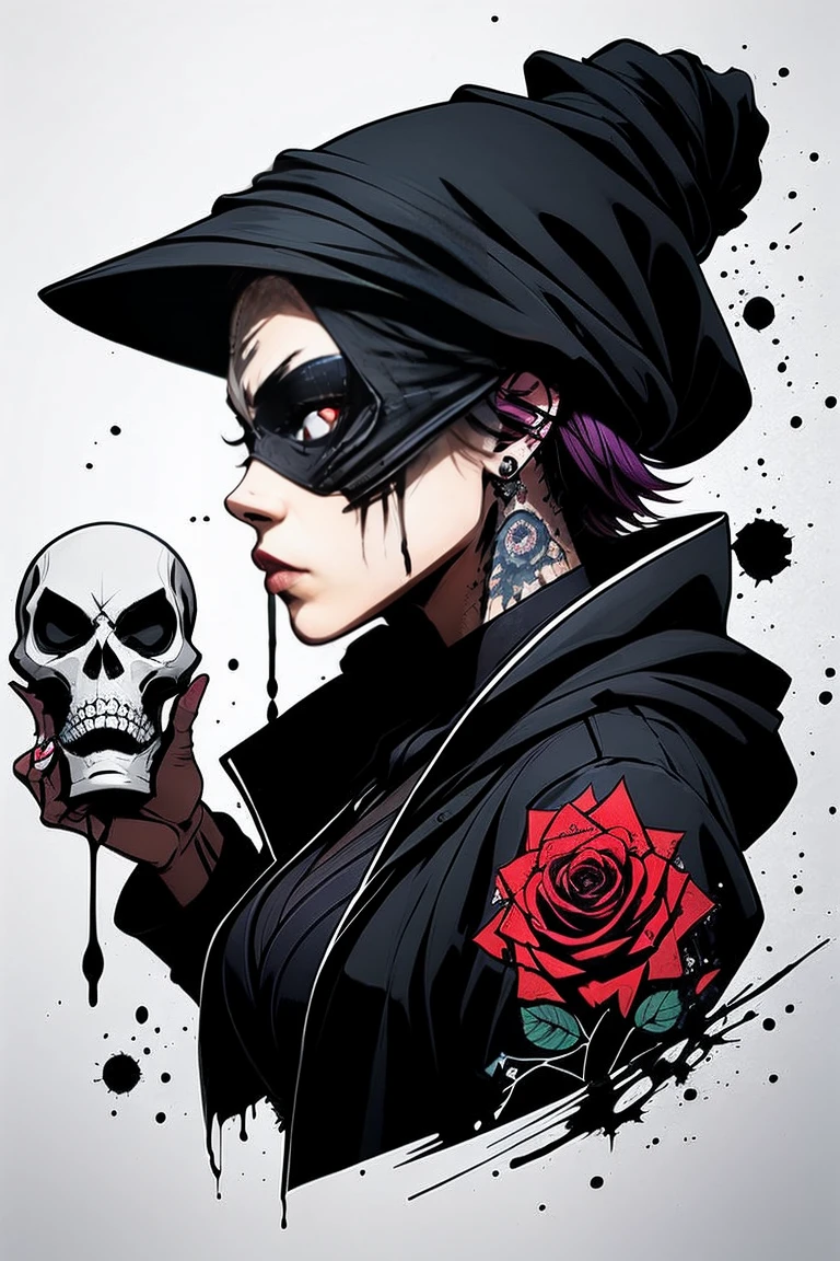 ((Masterpiece)), artistic, 8k, 12K, Horror,  grim Reaper,  beautiful women, Alone, black robe, Food up, Add a clock tower with a bell in the background ,  many black roses blooming in the background,  black background, Black Aura, {the mask scull designed covers on her mouth|1.1}, scull tatoo, punkish woman,  beautiful eyes, reaper,  draw the upper body,