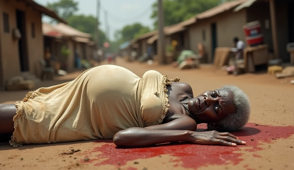 "Create an ultra-high resolution, hyper-realistic rendering of a beautiful, sexy zombie model who is a black woman with very dark African skin, posed like a fashion model to celebrate Africa Day. She should have dead eyes, with visible bites and gashes on her body. Her body should be complete and anatomically correct, emphasizing her sensual curves. Include details like twisted hair and contorted lips for character. The background should depict a vibrant African scene with traditional African patterns, elements, and symbols of resilience and cultural heritage. The overall image should exude an aura of haunting beauty and culture, focusing on the zombie features without additional cultural markings on her body."