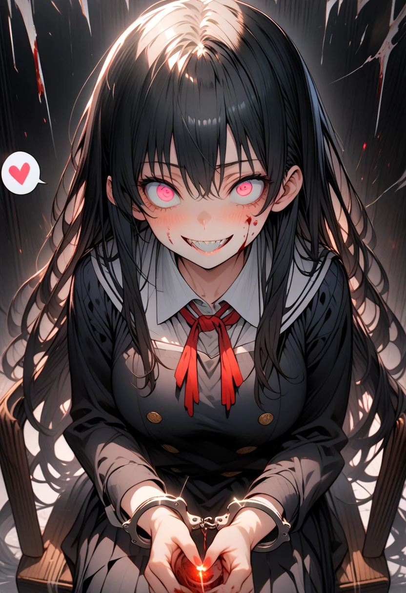 Masterpiece,best quality, (highly detailed CG illustration),very aesthetic,recent,detailed eyes,1 woman,matured female,(looking at viewer),glowing red pupil,black hair,straight long hair,(large breast:1.05),(black highschool uniform,white line,gold button),half-closed eye,BREAK,(blood on her face),red blush,(spiral eyes),(constricted pupils:1.3),(mad grin),(yandere smile),sharp teeth,handcuffs,walking to viewer,BREAK,half-closed eyes,(spoken heart:1.3),sitting on chair,dark room,(from front)