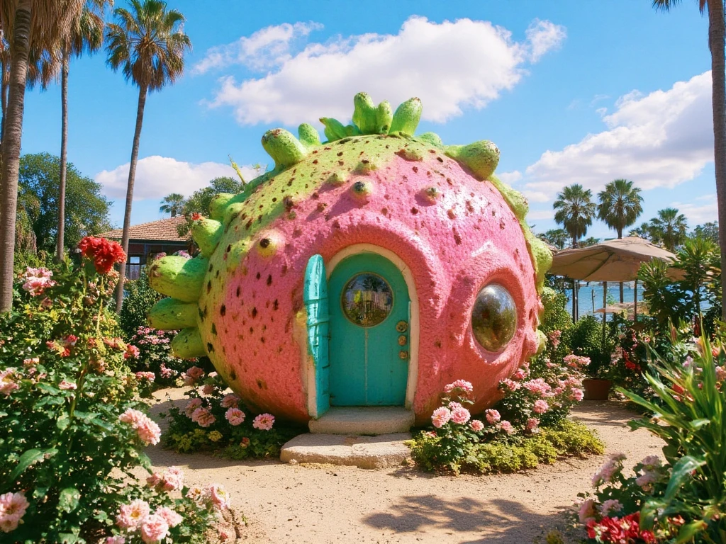 A whimsical house shaped like a dragon fruit, ultra-detailed and realistic, with vibrant pink and green hues resembling the fruit’s outer skin. The walls are textured like the dragon fruit peel, with small windows shaped like seeds, and a roof designed as green leafy spikes. The house is surrounded by a tropical garden with exotic plants and flowers, set under a bright blue sky with soft clouds. The atmosphere is lively and inviting, with intricate details highlighting the unique architecture inspired by nature.