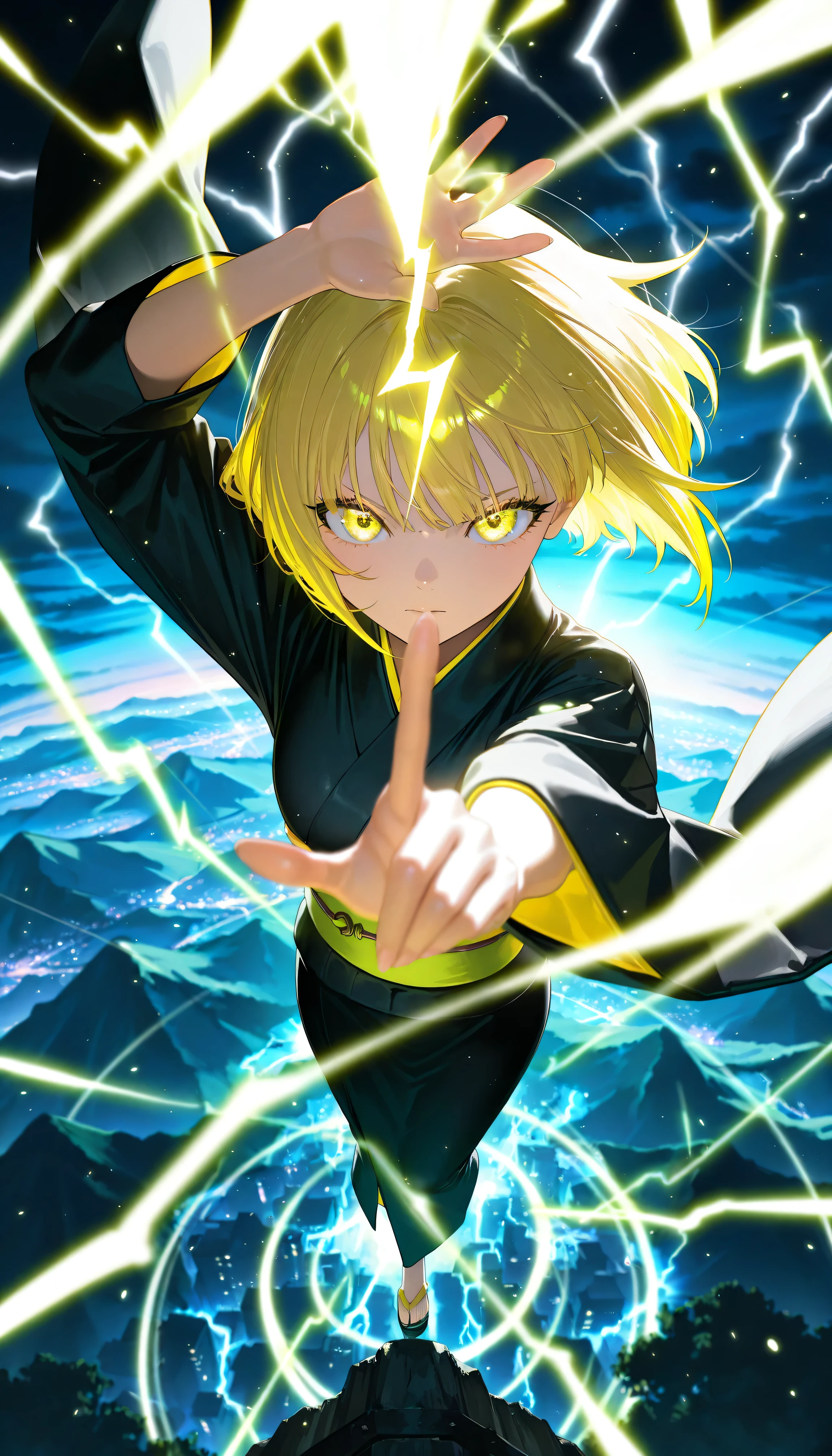 Masterpiece, Top Quality, Excellent Quality, Very Aesthetic , High Resolution, Ultra Detail, Absurd, Latest, Landscape, Colorful, Rim Light, Backlight, Best Detail, Cute Girl, (Cute: 1.2), Dynamic Angle from Above, Bright Yellow Hair, Short Wavy Bob, Eyes lightning bolt, long eyelashes, fair skin, dynamic pose, black kimono, perfect night, fantasy background, looking at viewer, serious expression, perfect hands, standing with index finger raised above head, (colorful light particles:1.2), lightning through fingers, intense lightning effect, hands, fingers, eyes, realistic details, detailed background Detail, Detailed, Detailed Background, Detailed Foreground, Extremely Detailed Eyes, Masterpiece, Top Quality, Excellent Quality, Very Aesthetic, High Resolution, Ultra Detail, Absurd, Latest, Landscape, Depth Of Field, Volume Lighting