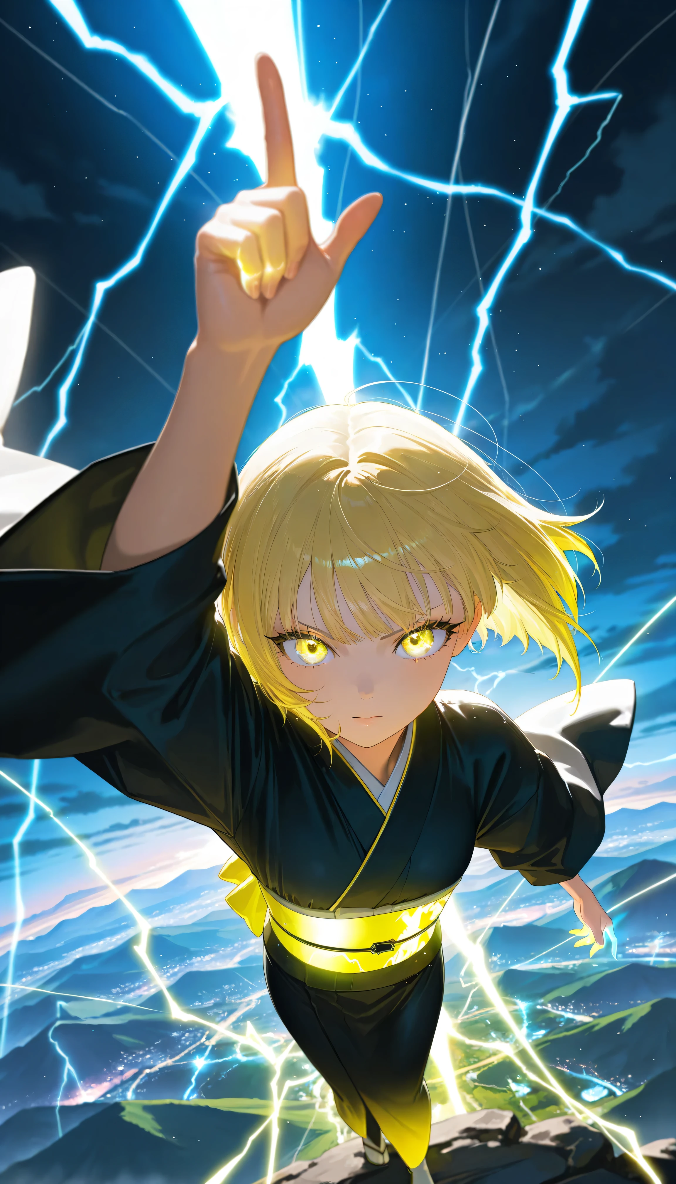 Masterpiece, Top Quality, Excellent Quality, Very Aesthetic , High Resolution, Ultra Detail, Absurd, Latest, Landscape, Colorful, Rim Light, Backlight, Best Detail, Cute Girl, (Cute: 1.2), Dynamic Angle from Above, Bright Yellow Hair, Short Wavy Bob, Eyes lightning bolt, long eyelashes, fair skin, dynamic pose, black kimono, perfect night, fantasy background, looking at viewer, serious expression, perfect hands, standing with index finger raised above head, (colorful light particles:1.2), lightning through fingers, intense lightning effect, hands, fingers, eyes, realistic details, detailed background Detail, Detailed, Detailed Background, Detailed Foreground, Extremely Detailed Eyes, Masterpiece, Top Quality, Excellent Quality, Very Aesthetic, High Resolution, Ultra Detail, Absurd, Latest, Landscape, Depth Of Field, Volume Lighting