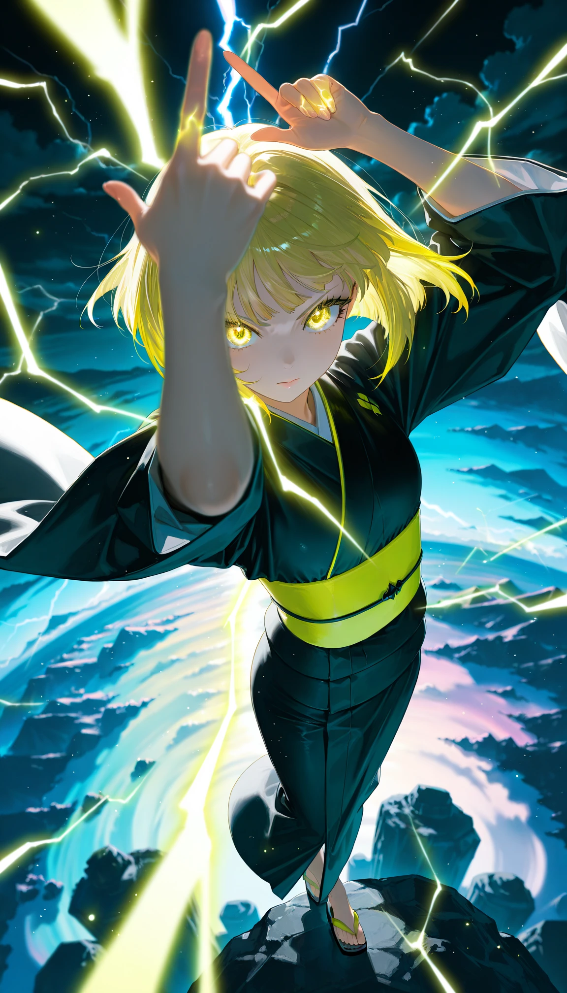 Masterpiece, Top Quality, Excellent Quality, Very Aesthetic , High Resolution, Ultra Detail, Absurd, Latest, Landscape, Colorful, Rim Light, Backlight, Best Detail, Cute Girl, (Cute: 1.2), Dynamic Angle from Above, Bright Yellow Hair, Short Wavy Bob, Eyes lightning bolt, long eyelashes, fair skin, dynamic pose, black kimono, perfect night, fantasy background, looking at viewer, serious expression, perfect hands, standing with index finger raised above head, (colorful light particles:1.2), lightning through fingers, intense lightning effect, hands, fingers, eyes, realistic details, detailed background Detail, Detailed, Detailed Background, Detailed Foreground, Extremely Detailed Eyes, Masterpiece, Top Quality, Excellent Quality, Very Aesthetic, High Resolution, Ultra Detail, Absurd, Latest, Landscape, Depth Of Field, Volume Lighting