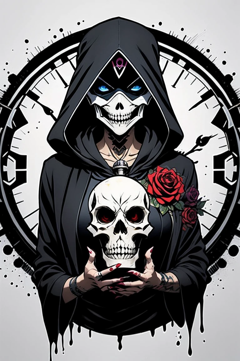 ((Masterpiece)), artistic, 8k, 12K, Horror,  grim Reaper,  beautiful women, Alone, black robe, Food up, Add a clock tower with a bell in the background ,  many black roses blooming in the background, white background , Black Aura, {the mask scull designed covers on her mouth|1.1}, scull tatoo, punkish woman,  beautiful eyes, reaper,  draw the upper body,