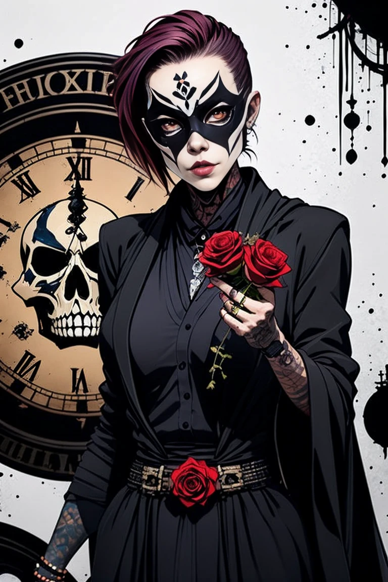 ((Masterpiece)), artistic, 8k, 12K, Horror,  grim Reaper,  beautiful women, Alone, black robe, Food up, Add a clock tower with a bell in the background ,  many black roses blooming in the background, white background , Black Aura, {the mask scull designed covers on her mouth|1.1}, scull tatoo, punkish woman,  beautiful eyes, reaper,  draw the upper body,