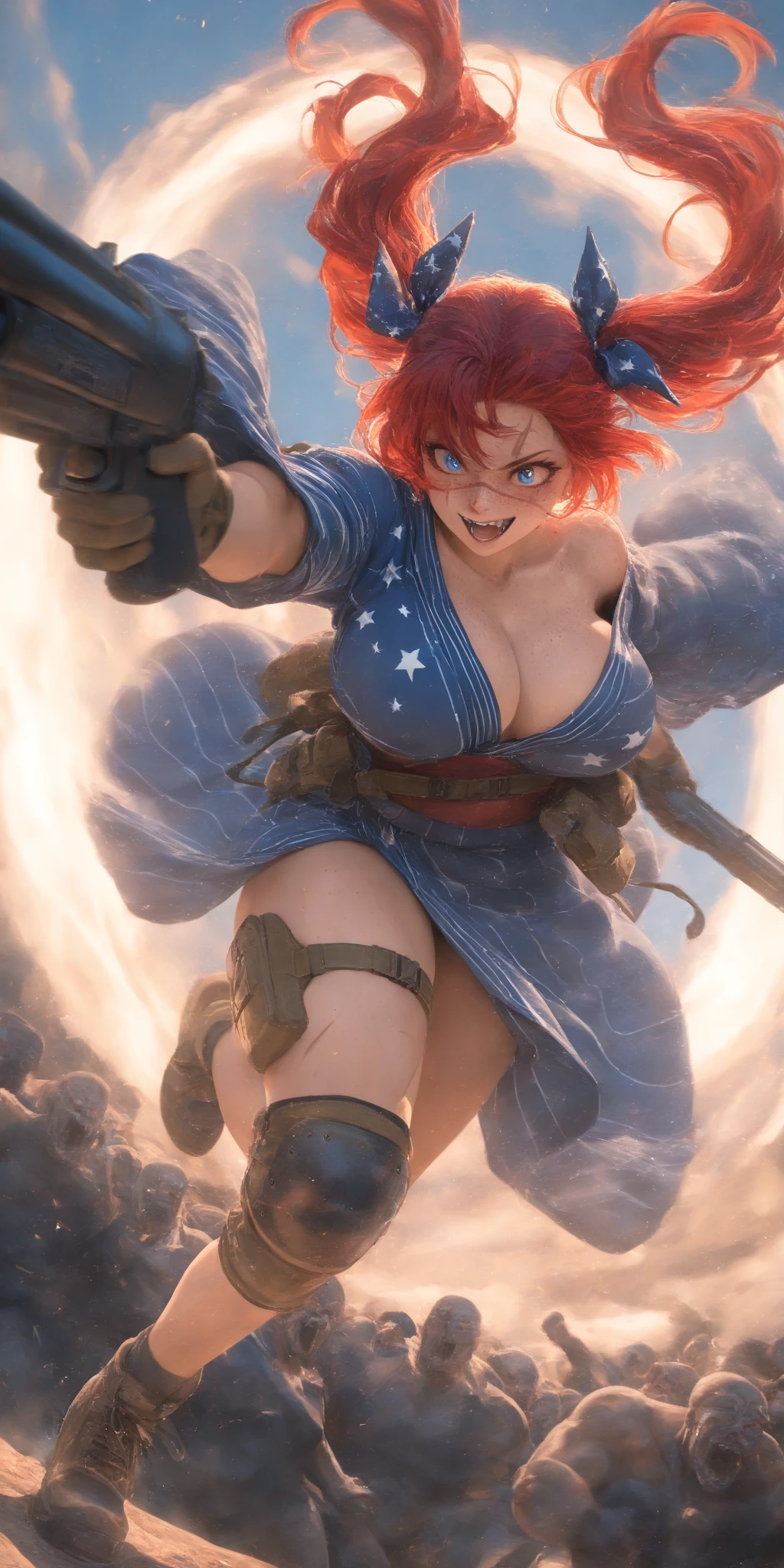 1girl\(american,(red hair),twin tails, frilled hair ribbon,tatoo,(Freckles),(Muscular), big blue eyes,beautiful eyes,big breast,wearing beautiful yukata\(american flag\(Stars and stripes\) design\),holding shotgun, shooting, Grenades exploding, gun belts, wavy hair long hair,floating hair, (scar on face),open mouth,smile, sharp teeth, tongue,dynamic action, dynamic angle, spiral mad eyes,gloves,knee pads,under protector armer\) at (kyoto japan), so many (zombie around), apocalips, dooms day,red black sun. BREAK .quality\(8k,wallpaper of extremely detailed CG unit, high resolution, top-quality, top-quality real texture skin, hyper realistic, increase the resolution, RAW photos, best quality, highly detailed, the wallpaper, golden ratio, high saturation realism, vibrant colors, dramatic lighting, persuasive storytelling, atmospheric scenery, captivating visuals, intricate details, strong emotions, dreamlike world\),dynamic angle,dutch angle,action movie,longshot, wide shot