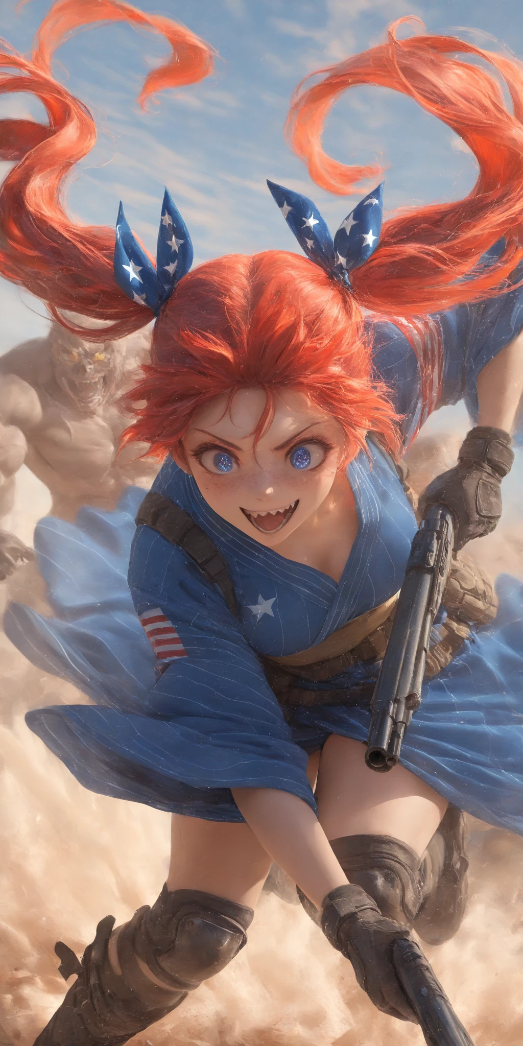 1girl\(american,(red hair),twin tails, frilled hair ribbon,tatoo,(Freckles),(Muscular), big blue eyes,beautiful eyes,big breast,wearing beautiful yukata\(american flag\(Stars and stripes\) design\),holding shotgun, shooting, Grenades exploding, gun belts, wavy hair long hair,floating hair, (scar on face),open mouth,smile, sharp teeth, tongue,dynamic action, dynamic angle, spiral mad eyes,gloves,knee pads,under protector armer\) at (kyoto japan), so many (zombie around), apocalips, dooms day,red black sun. BREAK .quality\(8k,wallpaper of extremely detailed CG unit, high resolution, top-quality, top-quality real texture skin, hyper realistic, increase the resolution, RAW photos, best quality, highly detailed, the wallpaper, golden ratio, high saturation realism, vibrant colors, dramatic lighting, persuasive storytelling, atmospheric scenery, captivating visuals, intricate details, strong emotions, dreamlike world\),dynamic angle,dutch angle,action movie,longshot, wide shot