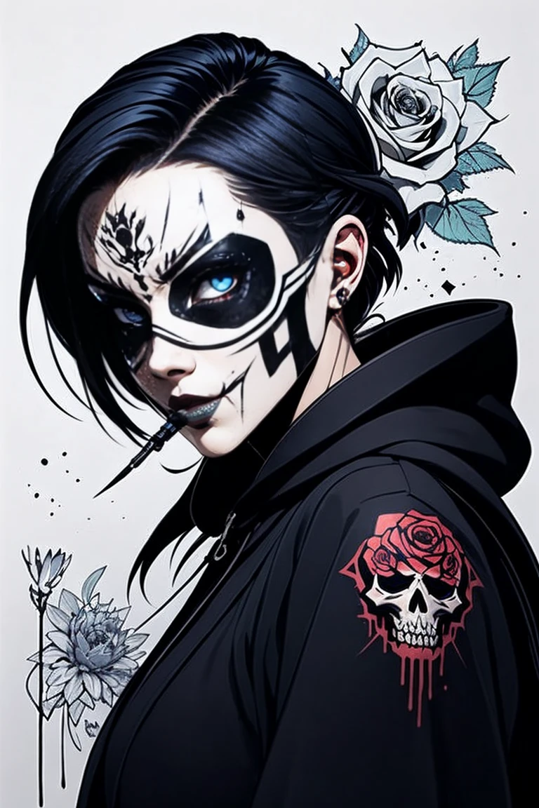 ((Masterpiece)), artistic, 8k, 12K, Horror,  grim Reaper,  beautiful women, Alone, black robe, Food up, Add a clock tower with a bell in the background ,  many black roses blooming in the background, white background , Black Aura, {the mask scull designed covers on her mouth|1.1}, scull tatoo, punkish woman,  beautiful eyes, reaper,  draw the upper body,