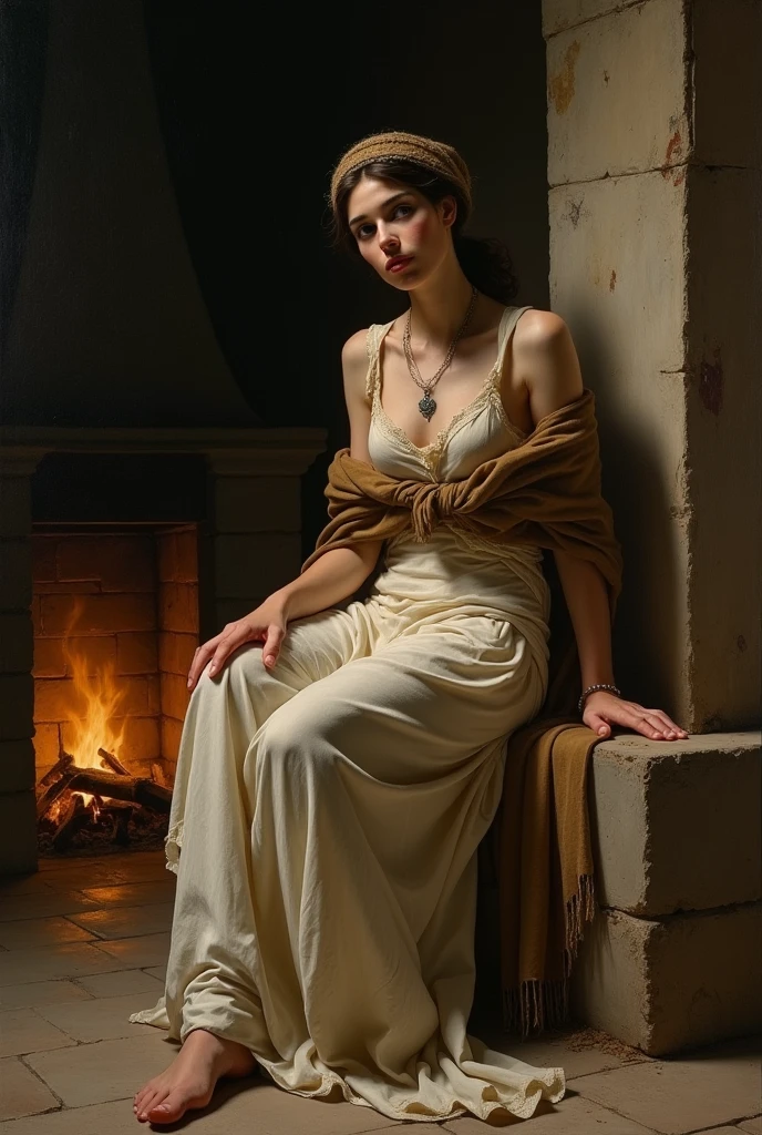 ((Emma Watson)), Long Hair, (Best quality, 4k, 8K, high resolution, Masterpiece: 1.2), Super detail, (realistic, photorealistic, photorealistic: 1.37), oil painting, bright colors, dark lighting, horror, mass abduction, forced collective sex, sexy sex slaves, slits, torn cloth, sexy beautiful girl helpless, struggling, seductive beauty, watery eyes, realistic bound hands and feet. Inside an abandoned tuff house, sassi_di_matera in the background, dusty atmosphere, begging for mercy, danger lurking, despair