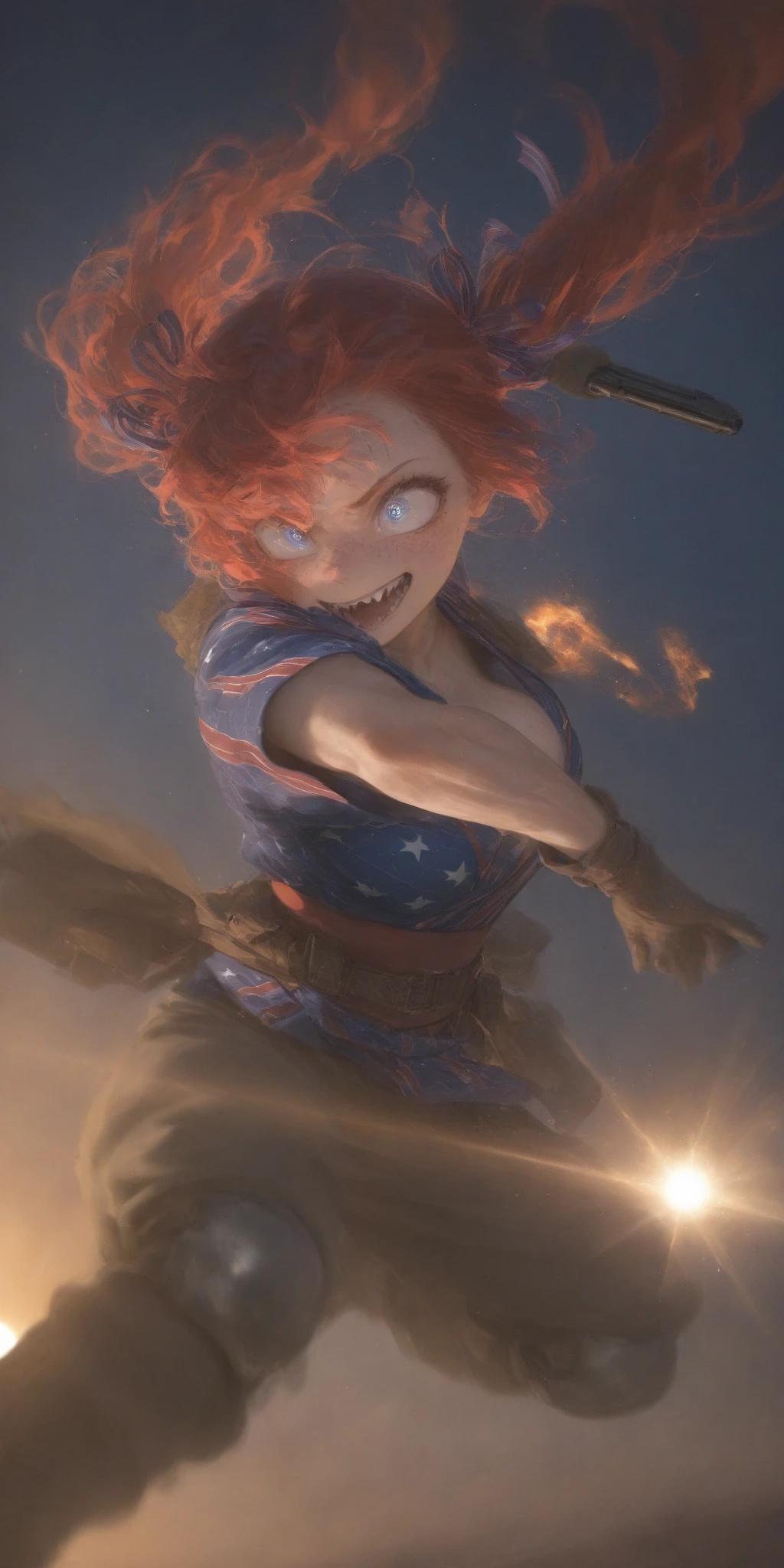 1girl\(american,(red hair),twin tails, frilled hair ribbon,tatoo,(Freckles),(Muscular), big blue eyes,beautiful eyes,big breast,wearing beautiful yukata\(american flag\(Stars and stripes\) design\),holding shotgun, shooting, Grenades exploding, gun belts, wavy hair long hair,floating hair, (scar on face),open mouth,smile, sharp teeth, tongue,dynamic action, dynamic angle, spiral mad eyes,gloves,knee pads,under protector armer\) at (kyoto japan), so many (zombie around), apocalips, dooms day,red black sun. BREAK .quality\(8k,wallpaper of extremely detailed CG unit, high resolution, top-quality, top-quality real texture skin, hyper realistic, increase the resolution, RAW photos, best quality, highly detailed, the wallpaper, golden ratio, high saturation realism, vibrant colors, dramatic lighting, persuasive storytelling, atmospheric scenery, captivating visuals, intricate details, strong emotions, dreamlike world\),dynamic angle,dutch angle,action movie,longshot, wide shot