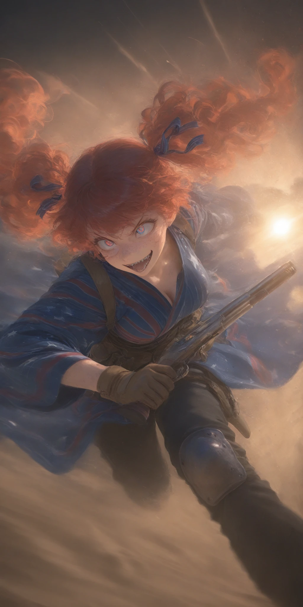 1girl\(american,(red hair),twin tails, frilled hair ribbon,tatoo,(Freckles),(Muscular), big blue eyes,beautiful eyes,big breast,wearing beautiful yukata\(american flag\(Stars and stripes\) design\),holding shotgun, shooting, Grenades exploding, gun belts, wavy hair long hair,floating hair, (scar on face),open mouth,smile, sharp teeth, tongue,dynamic action, dynamic angle, spiral mad eyes,gloves,knee pads,under protector armer\) at (kyoto japan), so many (zombie around), apocalips, dooms day,red black sun. BREAK .quality\(8k,wallpaper of extremely detailed CG unit, high resolution, top-quality, top-quality real texture skin, hyper realistic, increase the resolution, RAW photos, best quality, highly detailed, the wallpaper, golden ratio, high saturation realism, vibrant colors, dramatic lighting, persuasive storytelling, atmospheric scenery, captivating visuals, intricate details, strong emotions, dreamlike world\),dynamic angle,dutch angle,action movie,longshot, wide shot