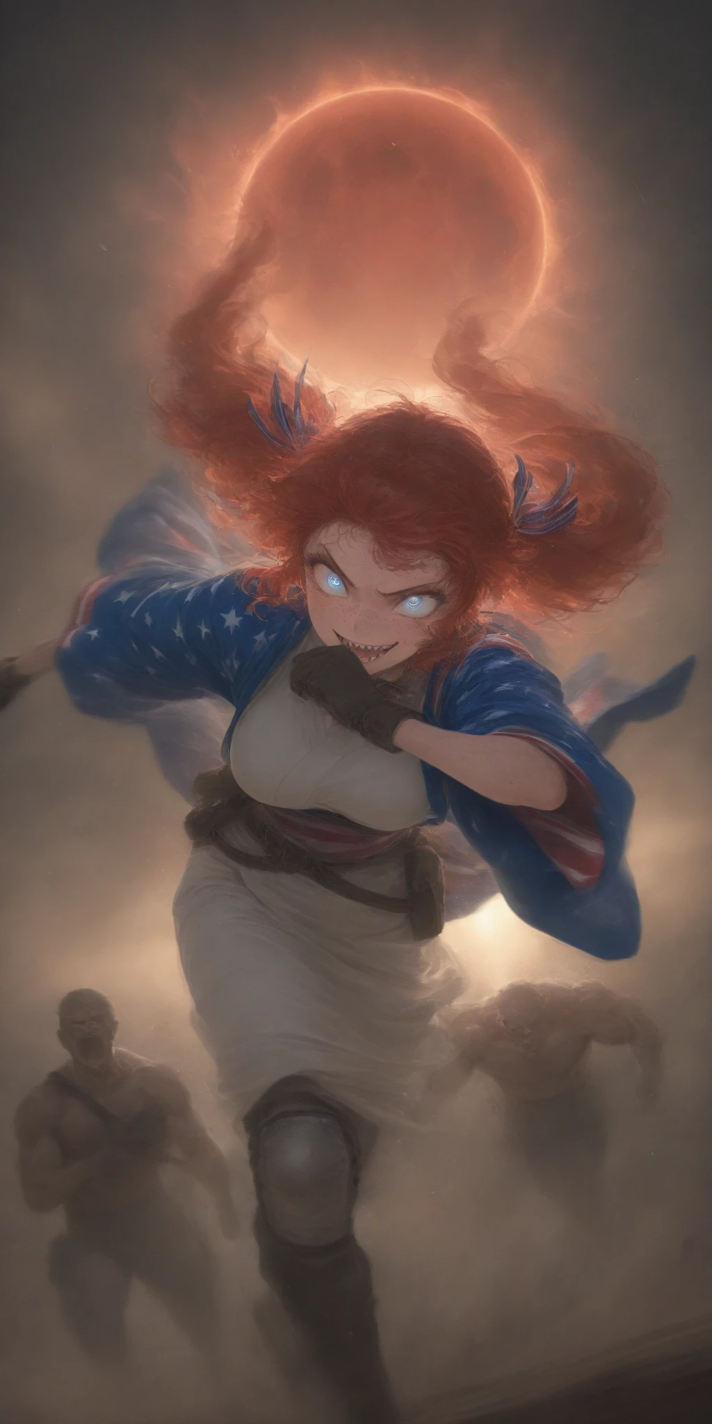 1girl\(american,(red hair),twin tails, frilled hair ribbon,tatoo,(Freckles),(Muscular), big blue eyes,beautiful eyes,big breast,wearing beautiful yukata\(american flag\(Stars and stripes\) design\),holding shotgun, shooting, Grenades exploding, gun belts, wavy hair long hair,floating hair, (scar on face),open mouth,smile, sharp teeth, tongue,dynamic action, dynamic angle, spiral mad eyes,gloves,knee pads,under protector armer\) at (kyoto japan), so many (zombie around), apocalips, dooms day,red black sun. BREAK .quality\(8k,wallpaper of extremely detailed CG unit, high resolution, top-quality, top-quality real texture skin, hyper realistic, increase the resolution, RAW photos, best quality, highly detailed, the wallpaper, golden ratio, high saturation realism, vibrant colors, dramatic lighting, persuasive storytelling, atmospheric scenery, captivating visuals, intricate details, strong emotions, dreamlike world\),dynamic angle,dutch angle,action movie,longshot, wide shot