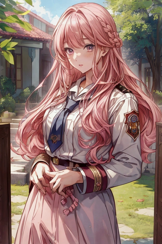 masterpiece, best quality, high school girl, mid long hair, bring a letter, uniforms, otome game, looking at camera, love interest, aesthetics, Highly detailed, novel cover, daylight, pink hair