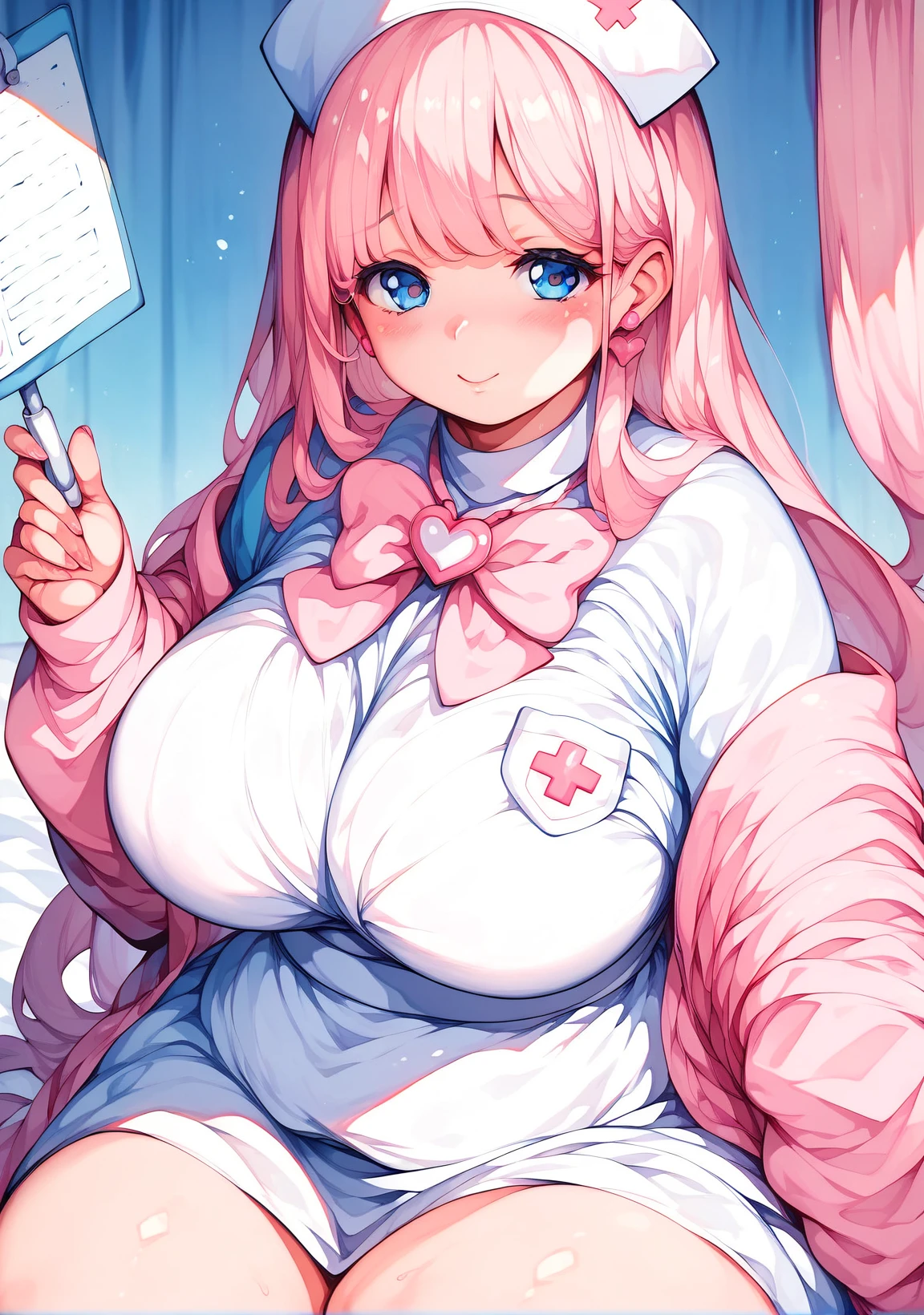 ピンクnurse服　nurse　nurseキャップ　  白タイツ      ガータベルトBig Breasts ,  blush,  smiles, pink super long hair ,  plump thighs、 Around town　