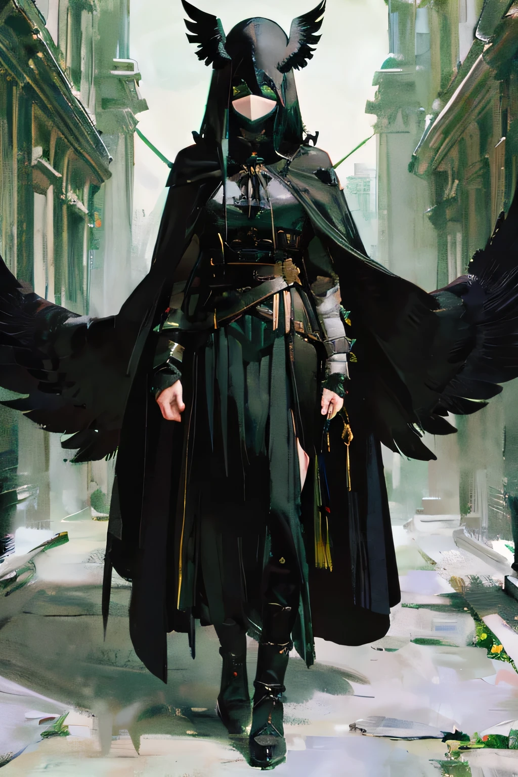 Standing with your legs apart　black　black　漆black　Cape　Plague Mask　green　mask　coat　 asymmetry　female　Feather　wing　 Long Skirt