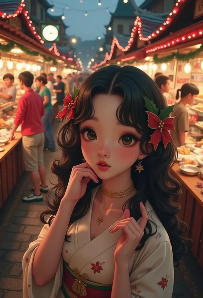 (RAW photo, real photo, high quality, masterpiece), (in the Christmas night, busy market with different booths, snack and drink booths, woman move in the mary fluidly,), beautiful japanese woman , top view, A young Japanese woman with smooth, porcelain skin and long, silky black hair cascading down her back, Japanese yutaka