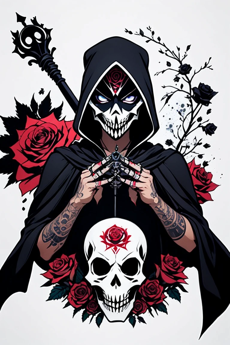 ((Masterpiece)), artistic, 8k, 12K, Horror,  grim Reaper,  beautiful women, Alone, black robe, Add a clock tower with a bell in the background ,  many black roses blooming in the background, white background , Black Aura, {the mask scull designed covers on her mouth|1.1}, scull tatoo, punkish woman,  beautiful eyes, reaper,  draw the upper body,