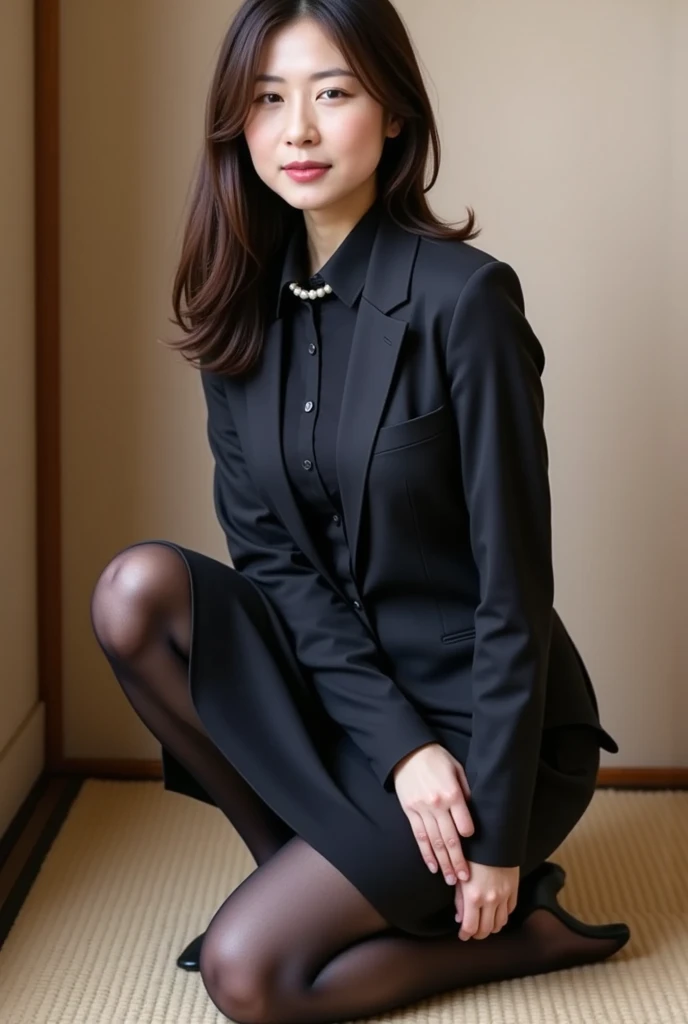 (( 1 female , The most beautiful faces of Japan ,40 years old、 mature, My outer wrinkles are conspicuous  ,  detailed face  ,  perfect gas chamber  , stares at the camera, Please see here )),((((    black shirt  ,Black suit jacket,  black skirt  ,Black mourning clothes)))),((  pearl necklace ,Classy hairstyle, Natural Cosmetics ,   My breasts are very bulging   , I'm showing a little bit of my chest , large full breasts,  black pantyhose,  thighs ,smile,   Saggy Eyebrows  ,  Please look at them with a cute expression ,  squat, can you see the white panties on the back of my skirt ？、Japanese-style room,Shoji screen,,Zuiyuan of the building , stares at the camera, camera ,)),(( see here , Please see here , perfect meaning  ,Perfect Arms, feelings  , top quality ,  Ultra-Fine,  perfect anatomy,  I'm staring at your feet in a high-resolution RAW color photo,  professional photo shooting ,   Very Delicate and Beautiful ,   very detailed,  Details,  best quality Ki shooting,8k,  Award-winning works  ,masterpiece)), from below、(  anatomically accurate :1.5)
