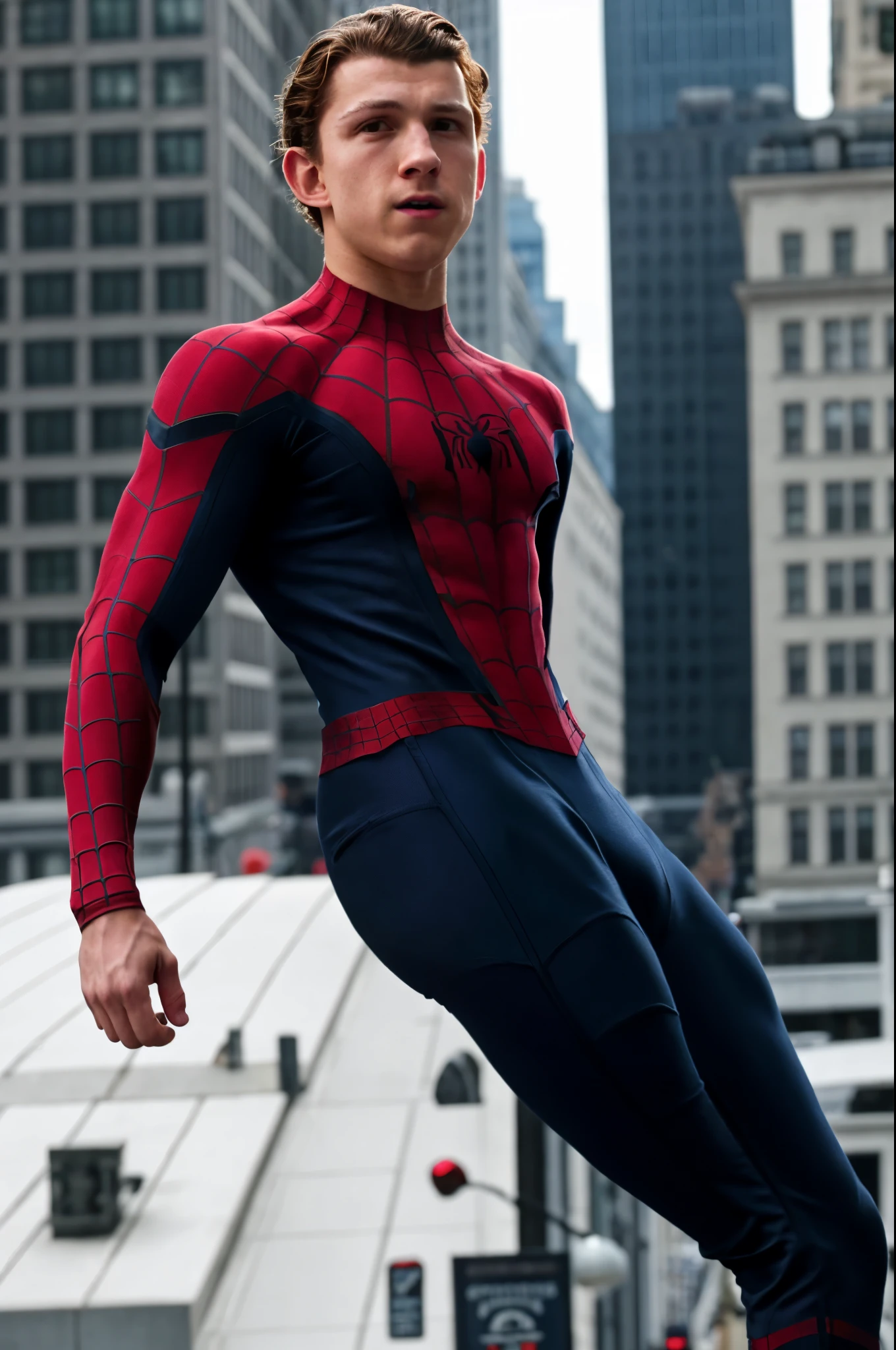  Creates a realistic image , 4k,  high detail , alta definición.  Tom Holland is jumping with his cobwebs between buildings in New York . He shows his bare torso , delgado, defined. He doesn't wear a t-shirt and his Spiderman uniform pants are tight 