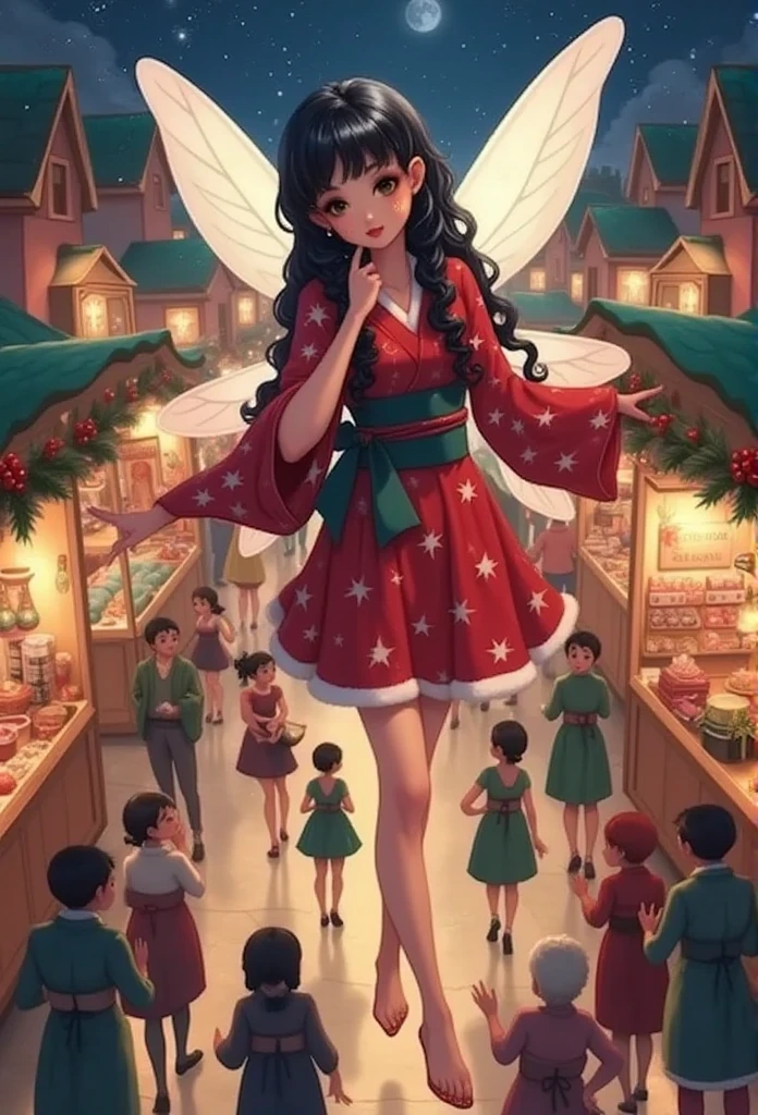 (RAW photo, real photo, high quality, masterpiece), (in the Christmas night, busy market with different booths, snack and drink booths, fairy move in the mary fluidly,), beautiful japanese woman , top view, A young Japanese woman with smooth, porcelain skin and long, silky black hair cascading down her back, Japanese yutaka, leg exposed 