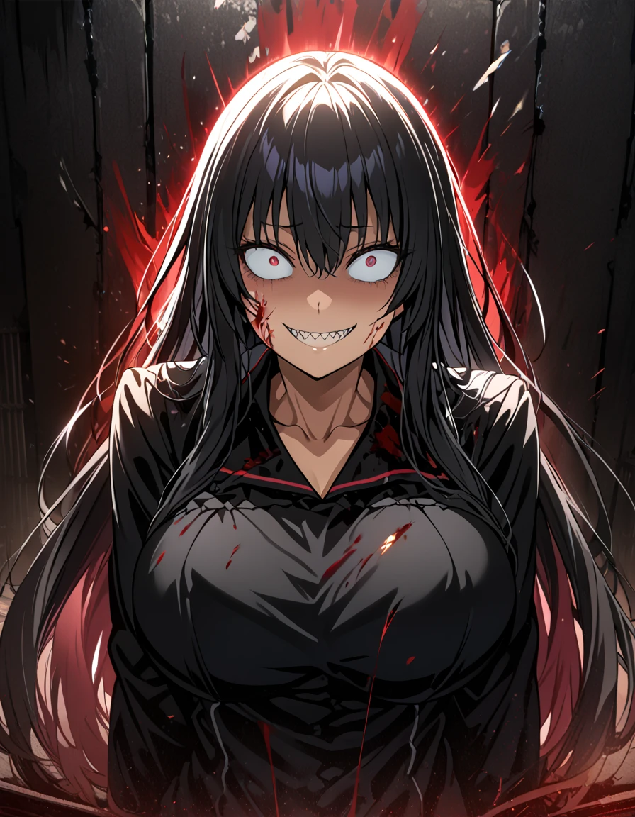 Masterpiece,best quality, (highly detailed CG illustration),very aesthetic,recent,detailed eyes,1girl,(looking at viewer),glowing red pupil,black hair,straight long hair,(large breast:1.05),(black highschool uniform,white line,gold button),BREAK,(blood on her face),blood on her clothes,red blush,(constricted pupils:1.3),(mad grin),(yandere smile),sharp teeth,half-closed eyes,(spoken heart:1.3),sitting on chair,BREAK,dark basement room,full body,(from front)