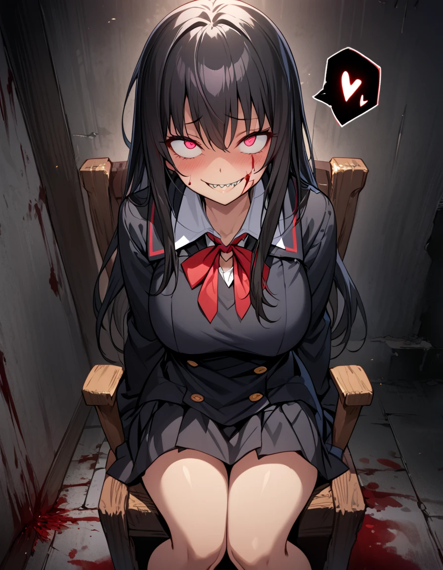 Masterpiece,best quality, (highly detailed CG illustration),very aesthetic,recent,detailed eyes,1girl,(looking at viewer),glowing red pupil,black hair,straight long hair,(large breast:1.05),(black highschool uniform,white line,gold button),BREAK,(blood on her face),blood on her clothes,red blush,(constricted pupils:1.1),(mad grin),(yandere smile),sharp teeth,half-closed eyes,(spoken heart:1.3),sitting on chair,BREAK,dark basement room,full body,(from front)