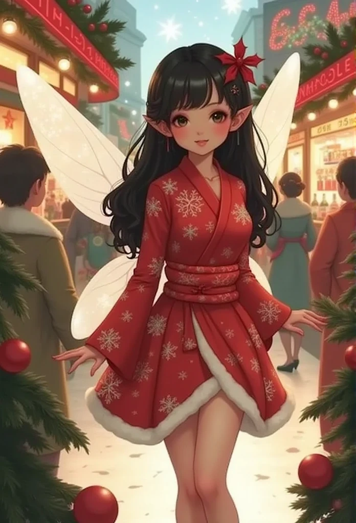 (RAW photo, real photo, high quality, masterpiece), (in the Christmas night, busy market with different booths, snack and drink booths, woman move in the mary fluidly,), beautiful japanese woman , top view, A young Japanese woman with smooth, porcelain skin and long, silky black hair cascading down her back, Japanese yutaka, leg exposed , fairy wings 