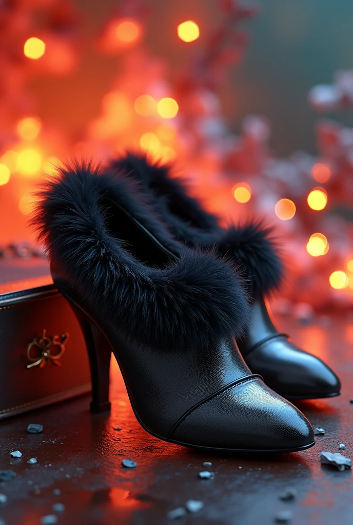  Black and Grey Patent Shoes with fur trim, warm Very beautiful ,  masterpiece fails, 8 k,  complex , bright colors,  better quality ,