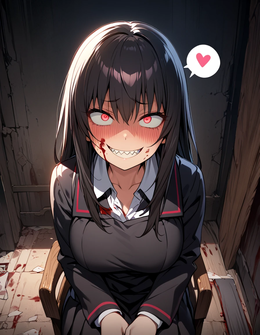 Masterpiece,best quality, (highly detailed CG illustration),very aesthetic,recent,detailed eyes,detailed face,1girl,(looking at viewer),glowing red pupil,black hair,straight long hair,(large breast:1.05),(black highschool uniform,white line,gold button),BREAK,(blood on her face),blood on her clothes,red blush,(constricted pupils:1.1),(mad grin),(yandere smile),sharp teeth,half-closed eyes,(spoken heart:1.3),sitting on chair,BREAK,dark basement room,full body,(from front)