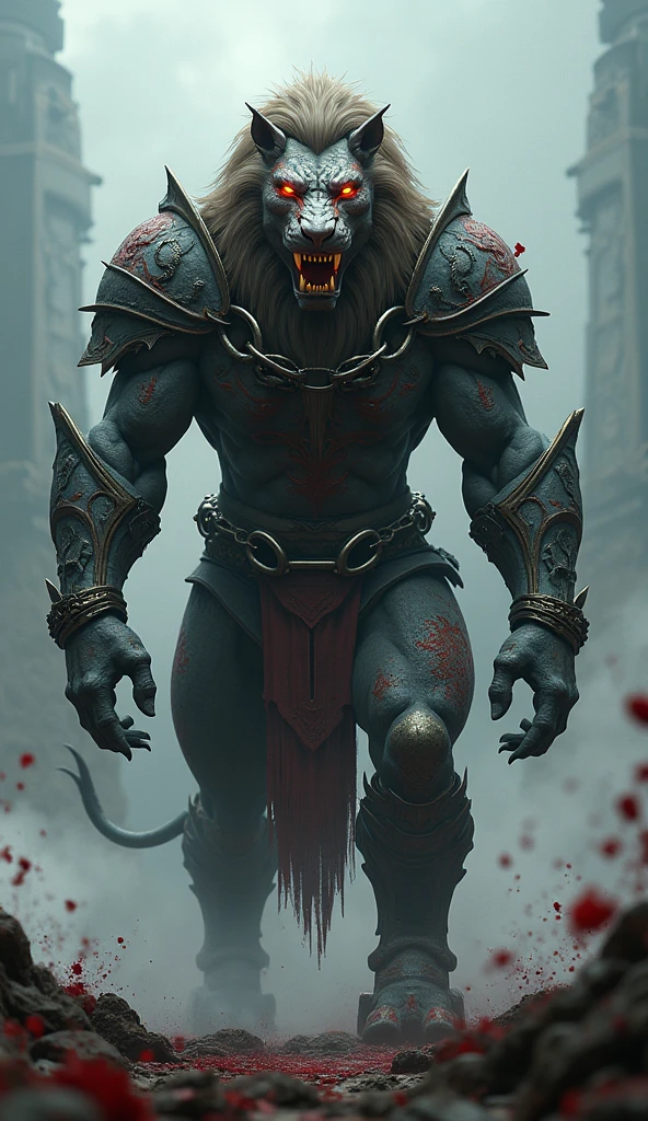 (photorealism:1.2), muscular werewolf in black armor, Spartan dead on the floor