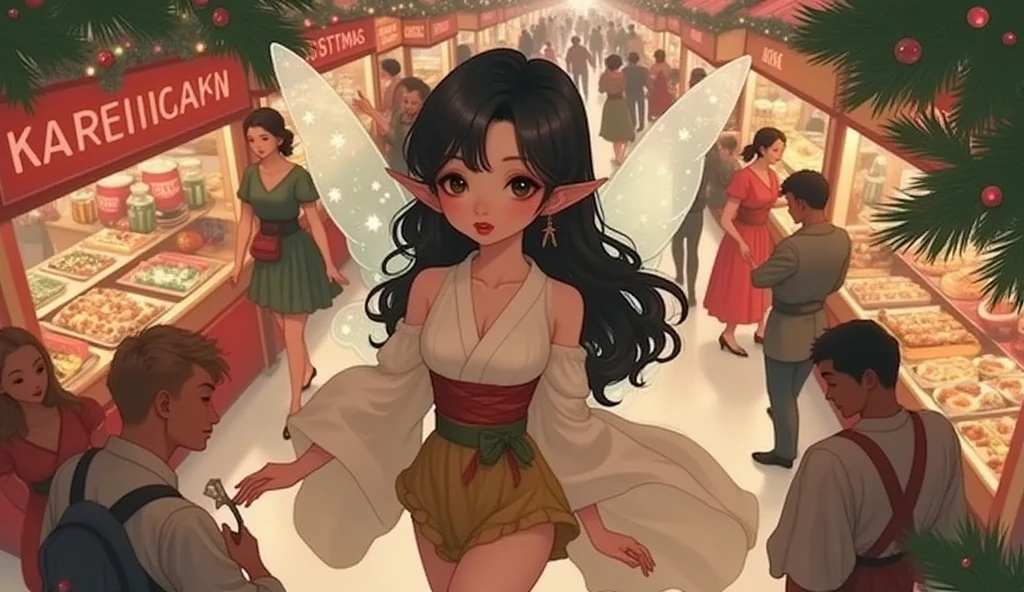 (RAW photo, real photo, high quality, masterpiece), (in the Christmas night, busy market with different booths, snack and drink booths, woman move in the mary fluidly,), beautiful japanese woman , top view, A young Japanese woman with smooth, porcelain skin and long, silky black hair cascading down her back, Japanese yutaka, leg exposed , fairy wings 