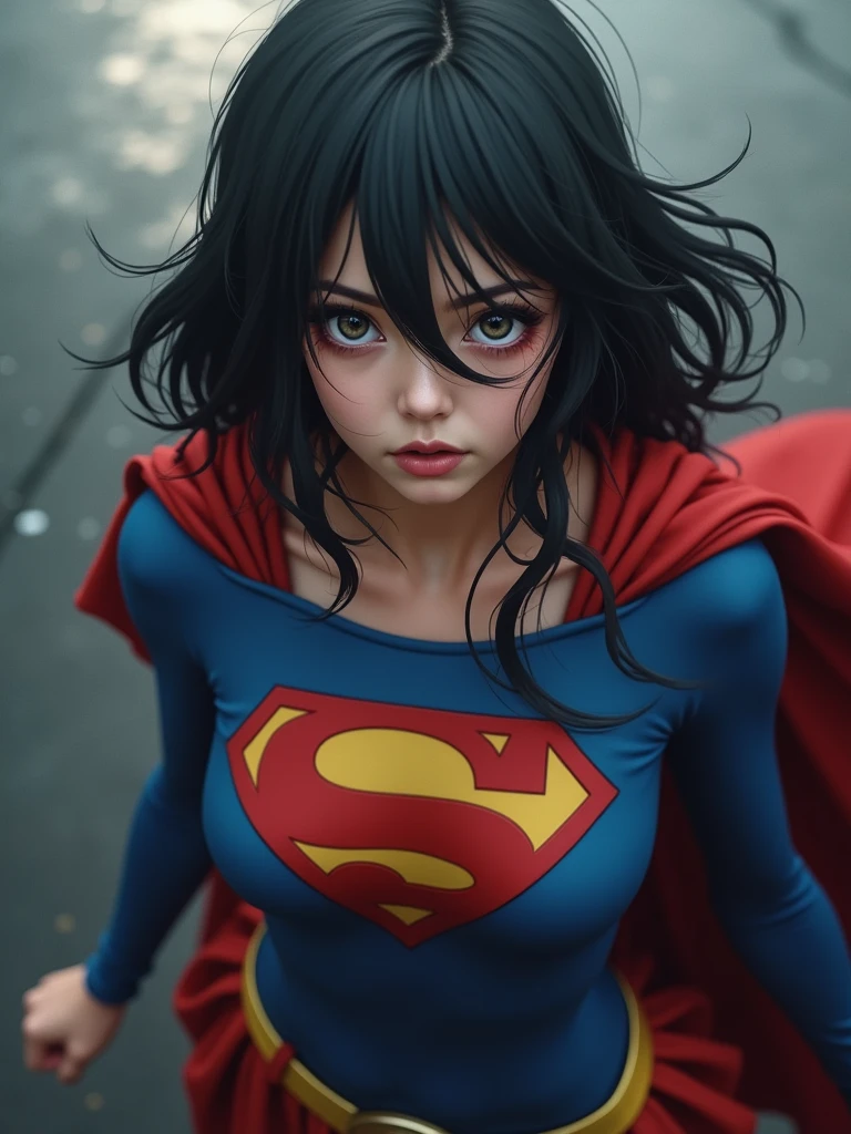 Nipples, visible from a white shirt (((masterpiece, highest quality)), no panties, wearing Supergirl costume, 1 girl, (photorealistic: 1.4), solo, white background, black hair, long hair, absolute area, skirt, ((full body)), HD, high quality, very detailed, hyper realistic