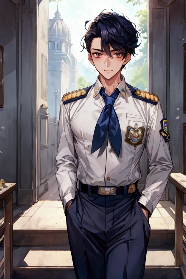 masterpiece, best quality, high school boy, navy hair, indonesian sma uniforms, handsome, otome game, looking at camera, love interest, aesthetics, Highly detailed, novel cover, daylight,