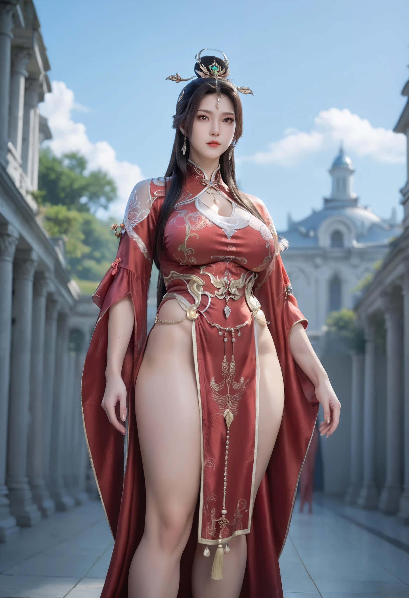 source realistic, red Qipao, hairy pussy, Busty wuxia woman, epic royal background, embrassed, plump,huge breast,goddess, masterpiece, anatomically correct, super detail, high details, high quality, best quality, highres, 8k
