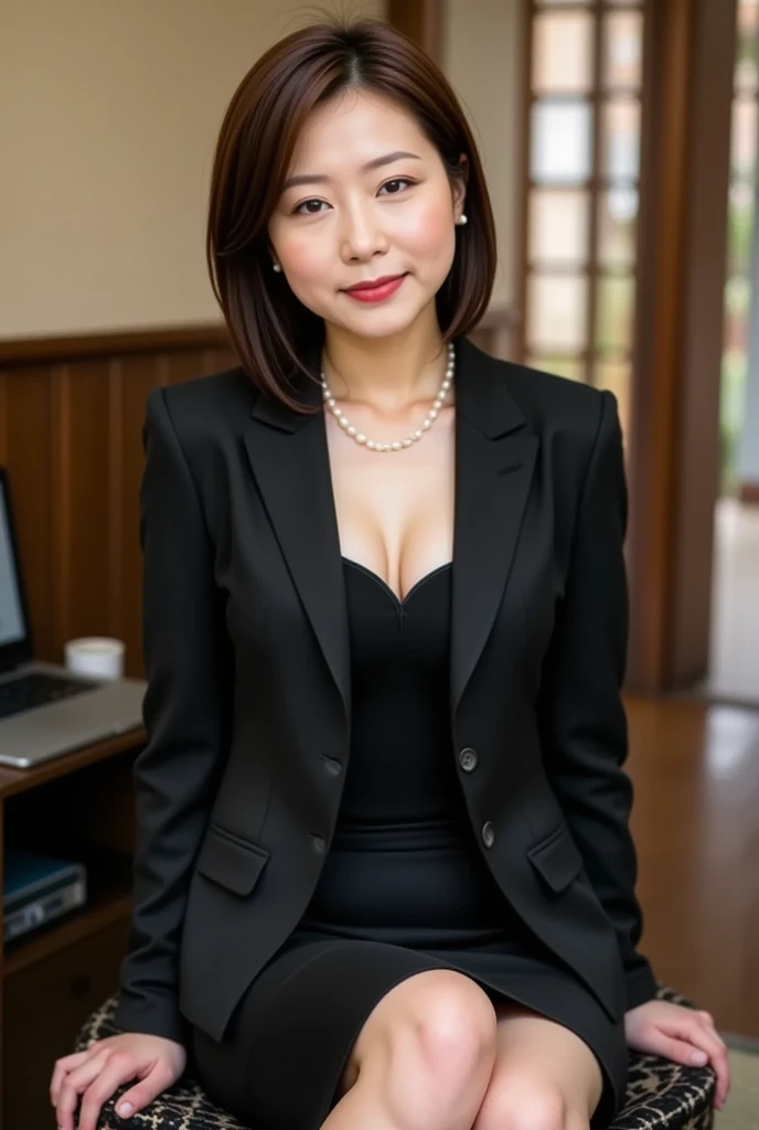 (( 1 woman , The most beautiful face in Japan ,40 years,,Mature Woman,Wrinkles on the outer corner of the eyes stand out , detailed face , perfect gas chamber , stares at the camera, Please see here )),((((  black shirt ,Black suit jacket, black skirt ,Black mourning clothes)))),(( pearl necklace ,Classy hairstyle, Natural Makeup, my breasts are very bulging ,I'm showing a glimpse of my cleavage, large full breasts, black pantyhose with middle finger of left hand, Look at those naughty thighs ,Smile,  Saggy Eyebrows , stare at them with a cute expression, squats,Look at the white panties at the back of the skirt、Japanese-style room,Shoji screen,,Building Zuien, stares at the camera, camera ,)),((Please refer to this, Please see here ,Perfect means,Perfect Arms, Sensation  , top quality , Ultra Fine, perfect anatomy, high-definition RAW color photo staring at your feet, Professional Photo Shoot,  very delicate and beautiful,  very detailed, FINE DETAILS, highest image quality taken by Ki,8k, Award-winning works ,masterpiece)), from below、( anatomically correct :1.5)
