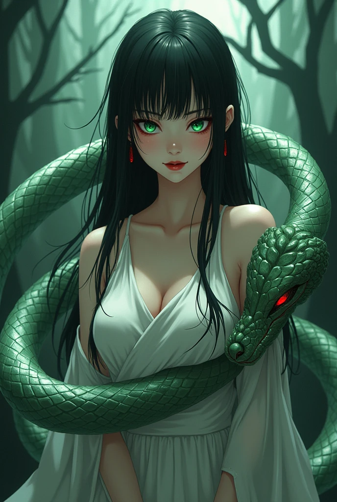 Anime manga style, woman, babe, green white snake on neck, epic battle, snake goddess, blade whip in hand, epic fight, turquoise eyes, very long black hair, firm face, snakes power