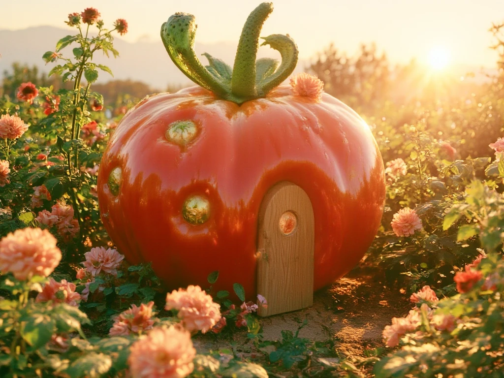 A delightful house inspired by a tomato, ultra-detailed and realistic. The round structure has a smooth, glossy red exterior with a slight natural texture. At the top, green leafy shapes form a whimsical roof, resembling a tomato's stem. The windows are small and round, blending harmoniously with the design, and a curved wooden door adds a cozy touch. The house is surrounded by a garden filled with tomato plants, vibrant flowers, and soft sunlight, creating a warm and inviting atmosphere.