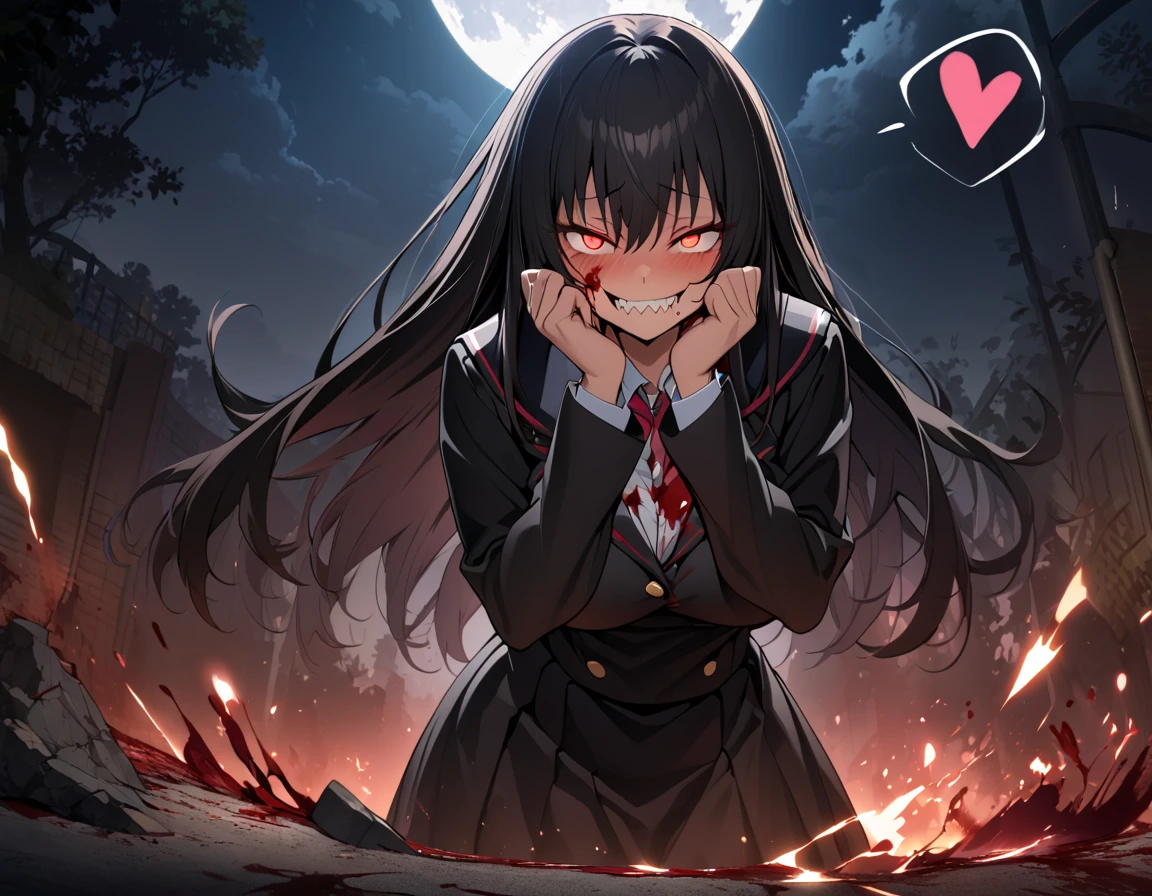 Masterpiece,best quality, (highly detailed CG illustration),very aesthetic,recent,detailed eyes,detailed face,1girl,(looking at viewer),glowing red pupil,black hair,straight long hair,(large breast:1.05),(black highschool uniform,white line,gold button),BREAK,(blood on her face),(blood on her clothes),red blush,constricted pupils,(mad grin),(yandere smile),sharp teeth,tongue licking,half-closed eyes,(spoken heart:1.3),standing,spread legs,BREAK,(hands on own cheeks),night,park,full moon,full body,(from front)