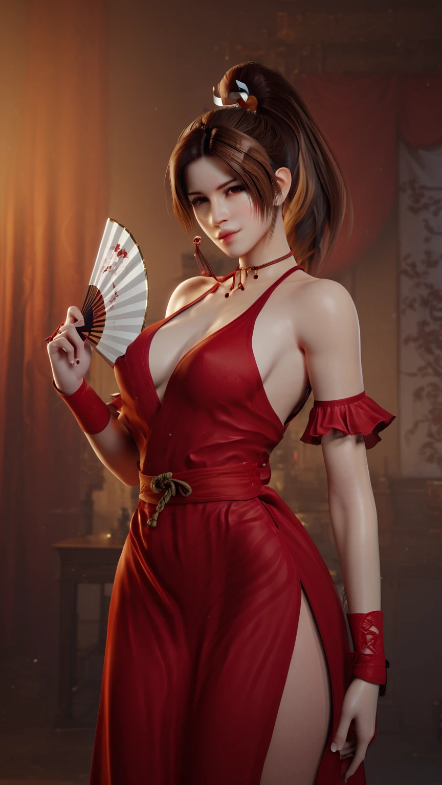 Honor of Kings，Mai Shiranui，3D Characters，3D Animation， Good figure ，Sexy， red dress，Holding a fan，Short hair ponytail 