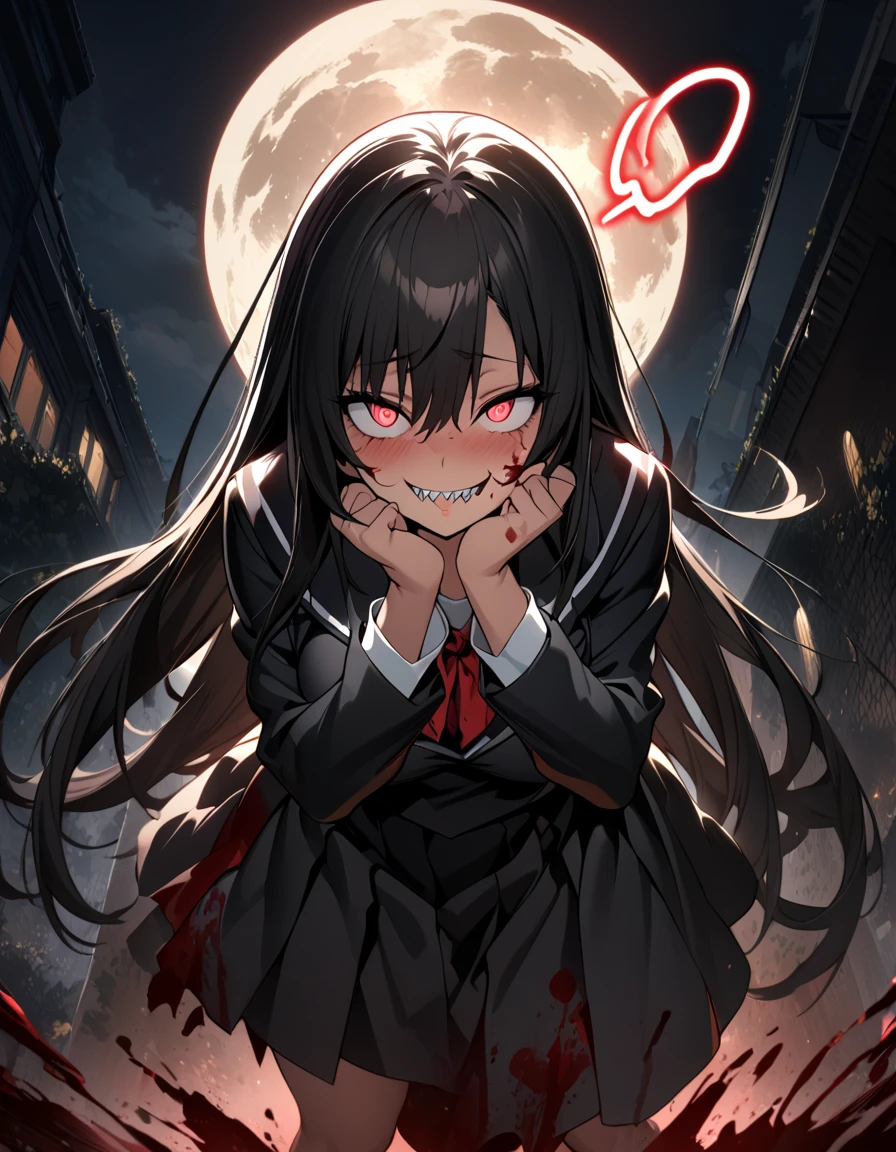 Masterpiece,best quality, (highly detailed CG illustration),very aesthetic,recent,detailed eyes,detailed face,1girl,(looking at viewer),glowing red pupil,black hair,straight long hair,(large breast:1.05),(black highschool uniform,white line,gold button),BREAK,(blood on her face),(blood on her clothes),red blush,constricted pupils,(mad grin),(yandere smile),sharp teeth,tongue licking,half-closed eyes,(spoken heart:1.3),standing,spread legs,BREAK,(hands on own cheeks),night,park,full moon,full body,(from front)