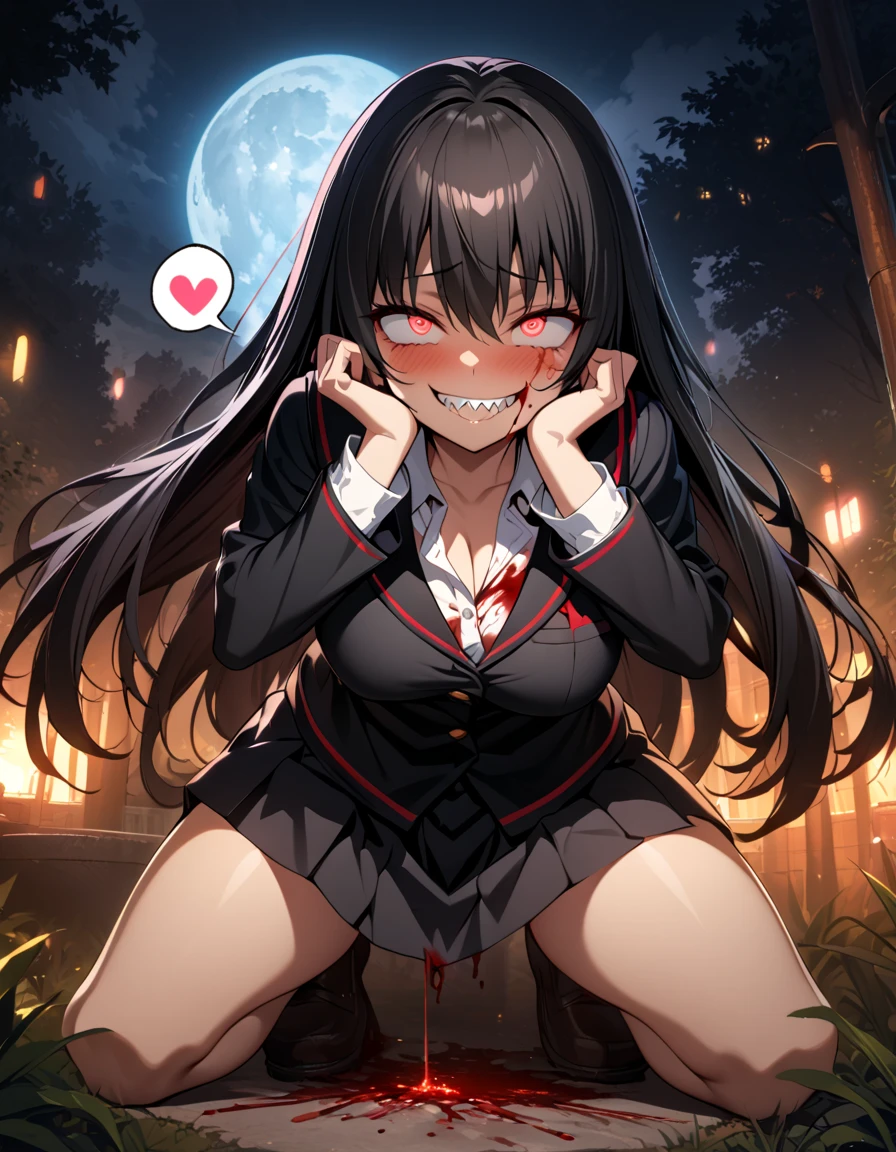 Masterpiece,best quality, (highly detailed CG illustration),very aesthetic,recent,detailed eyes,detailed face,1girl,(looking at viewer),glowing red pupil,black hair,straight long hair,(large breast:1.05),(black highschool uniform,white line,gold button),BREAK,(blood on her face),(blood on her clothes),red blush,constricted pupils,(mad grin),(yandere smile),sharp teeth,tongue licking,half-closed eyes,(spoken heart:1.3),kneeling,spread legs,BREAK,(hands on own cheeks),night,park,full moon,full body