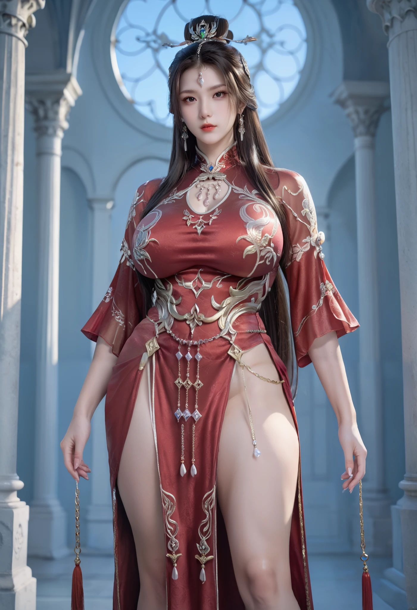 source realistic, red Qipao,Micro T String ,nipple protrusion, Intricate chain jewellery strap, hairy pussy, Busty wuxia woman, epic royal background, embrassed, plump,huge breast,goddess, masterpiece, anatomically correct, super detail, high details, high quality, best quality, highres, 8k
