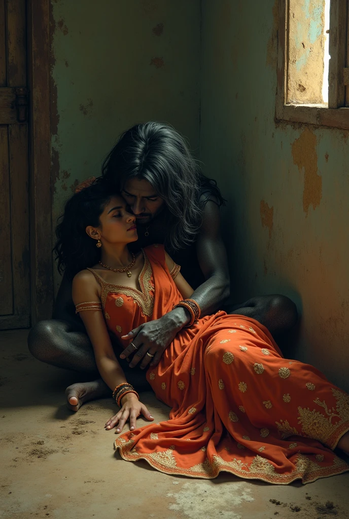 A maharashtrian women wearing a red chudidar leggings and sitting on a boys face
