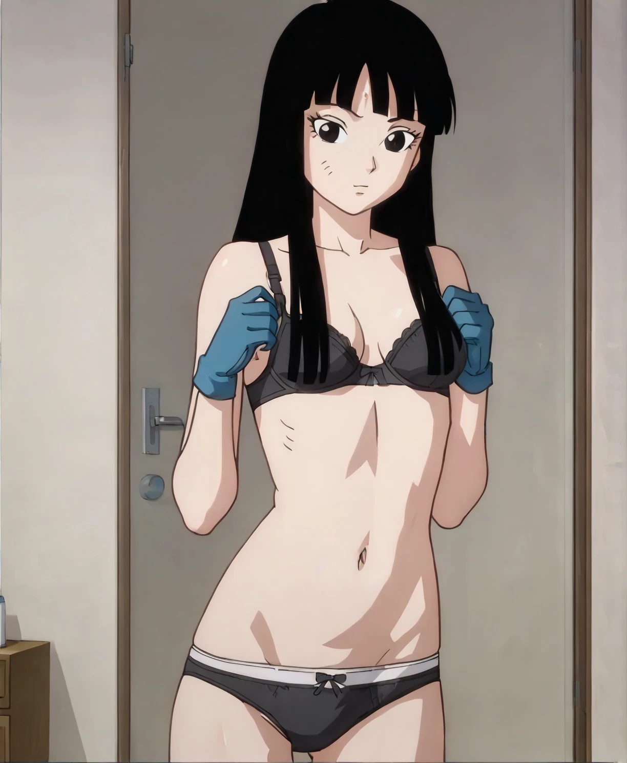 issuer_Anime,  is a result of _9, is a result of _8_higher,  is a result of _7_higher,  Anime screencap, Inside , ,
 Maybe , long hair, Black hair,  black eyes
One girl, Alone, long hair, Black hair, gloves, food,  in underwear , younger  in underwear , Black bra ,  panties  