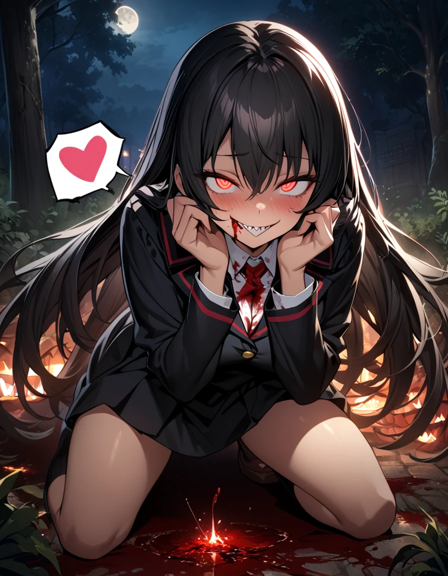 Masterpiece,best quality, (highly detailed CG illustration),very aesthetic,recent,detailed eyes,detailed face,1girl,(looking at viewer),glowing red pupil,black hair,straight long hair,(large breast:1.05),(black highschool uniform,white line,gold button),BREAK,(blood on her face),(blood on her clothes),blood puddle,red blush,constricted pupils,(mad grin),(yandere smile),sharp teeth,tongue licking,half-closed eyes,(spoken heart:1.3),kneeling,BREAK,(hands on own cheeks),night,park,full moon,full body