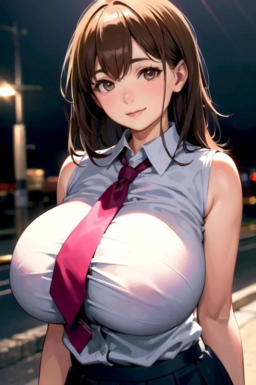 1girl, happy, smiling, (at street:1.2), ((office uniform:1.2)),night, RAW photo, (photorealistic:1.37, realistic), highly detailed CG unified 8K wallpapers, looking at viewer, (((huge breasts))), (HQ skin:1.8, shiny skin), 8k uhd, dslr, soft lighting, high quality, film grain, Fujifilm XT3, ((upper body:1.6)), (professional lighting:1.6)